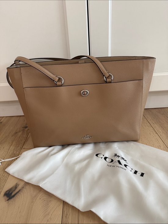Coach Handbags - Coach Taupe Leather Tote with Turn-Lock Accent